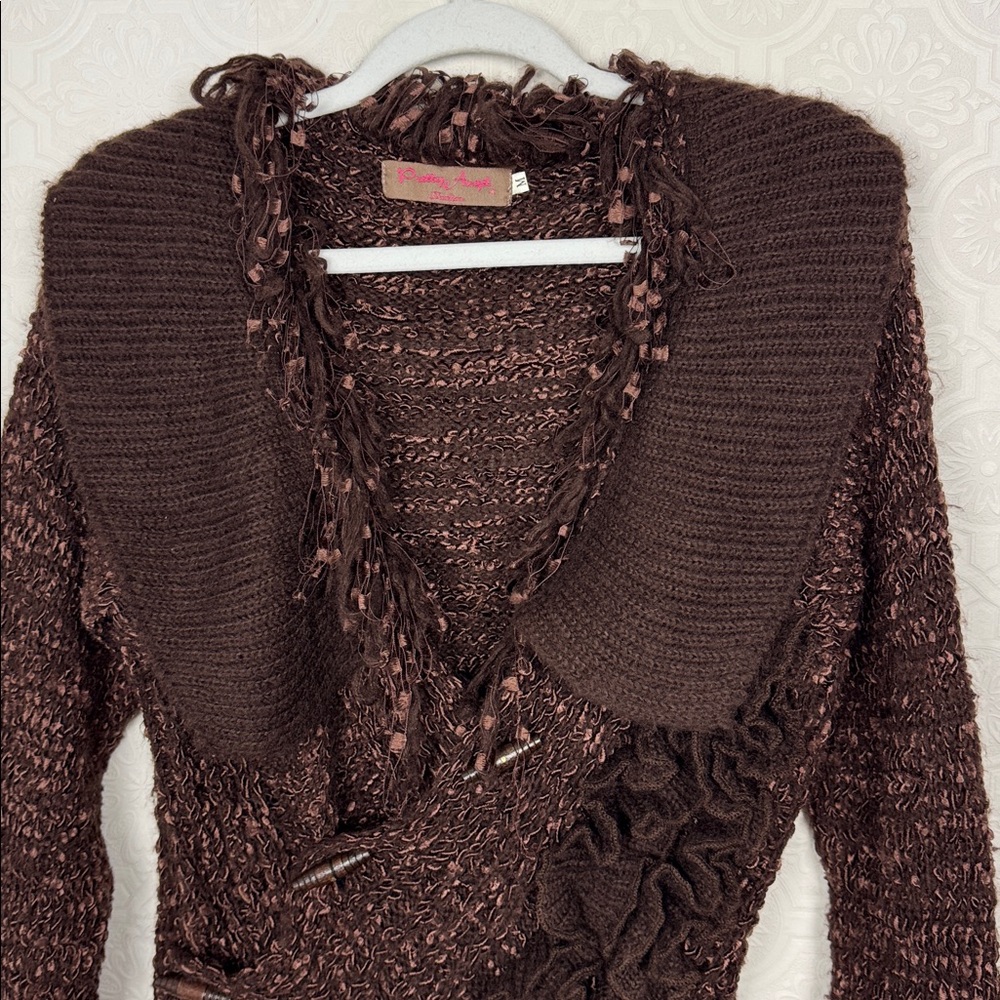 Pretty Angel Brown Knit Cardigan Sweater Medium Boho Ruffle Asymmetrical Witchy